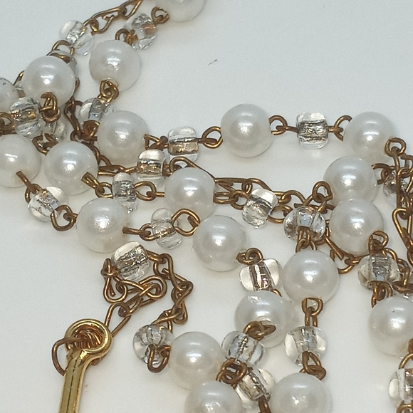 First Baptism Communion Rosary Gold Tone Crucifix Holy Mother Faux Pearls - Picture 5 of 5